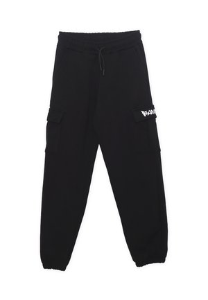Pantalons de survêtement noirs en tissu doux avec une taille élastique, des poches latérales et une poche cargo présentant un détail de texte blanc.
