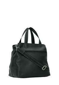 Bolso de mano de cuero negro con una superficie texturizada, que cuenta con doble asa y una correa ajustable. Incluye un bolsillo delantero con cremallera y costuras blancas.