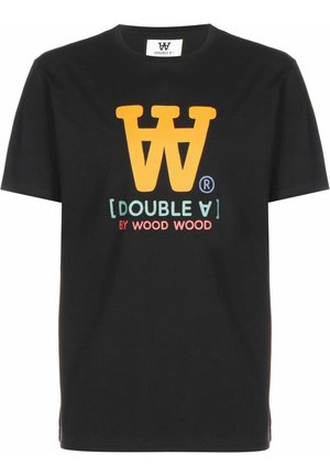 Black T-shirt with large yellow "W" logo, turquoise text "[DOUBLE A]", and red text "BY WOOD WOOD" on front center.