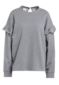 Grå långärmad sweatshirt i mjukt tyg, med volanger på ärmarna och en rund halsringning med en nyckelhålsdetalj i ryggen.