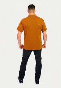 Brown polo shirt with a collar and blue accents, paired with black pants. The material appears smooth, with a relaxed fit and short sleeves.