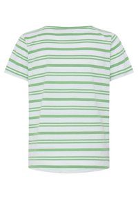 T-shirt à manches courtes avec des rayures horizontales vertes sur fond blanc, vu de dos.