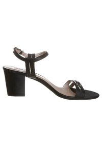 Czarne sandały na obcasie z gładką cholewką, dwiema cienkimi paskami na stopie i solidnym słupkiem. Zawierają dekoracyjne metalowe akcenty.
