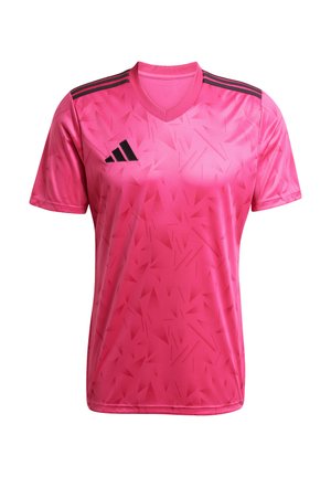 Pink athletic shirt featuring a v-neck, short sleeves, and a geometric pattern. Includes black stripes and logo on the left chest area.