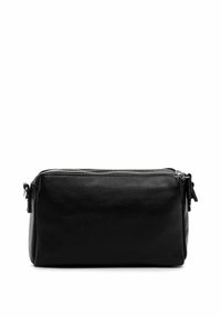 Borsa nera in pelle di forma rettangolare, con chiusura a zip e superficie testurizzata. Design minimalista senza ulteriori accenti.