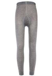 Leggings termici grigi con un design aderente, texture morbida e cintura elastica. Presentano una cucitura posteriore e accenti di cucitura azzurri chiari.