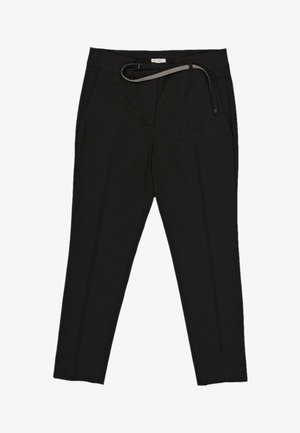 Pantalon noir sur mesure avec poches avant et ceinture fine tressée, présenté à plat sur fond blanc.
