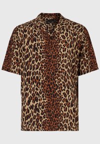 Camisa de botones de manga corta en beige con estampado de leopardo marrón; tejido suave con un corte relajado y diseño de cuello clásico.