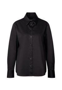 Schwarzes Langarmshirt aus glattem Stoff mit klassischem Kragen und durchgeknöpftem Vorderteil. Mit schwarzen Knöpfen und schmal zulaufenden Bündchen.