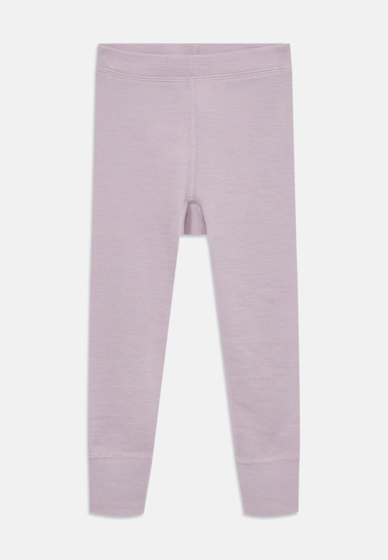 Leggings violets clairs en tissu doux, présentant un design ajusté avec une taille élastique et des détails de couture à l'ourlet des chevilles.