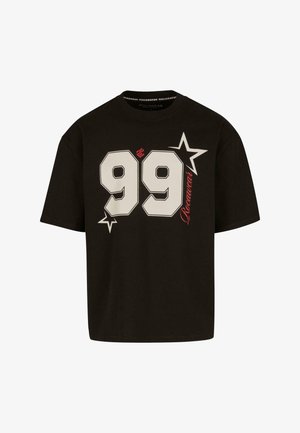 Black cotton t-shirt with short sleeves, featuring the number "99" in white outline, red accents, and a star graphic.