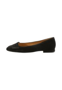 Black suede ballet flats with a pointed toe, featuring a stitched accent and a low heel. Smooth texture and minimalist design.