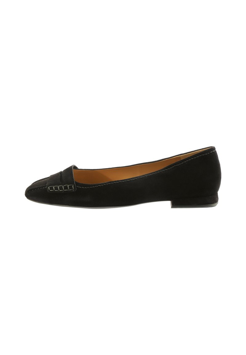 Black suede ballet flats with a pointed toe, featuring a stitched accent and a low heel. Smooth texture and minimalist design.