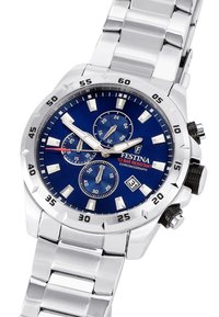 Reloj cronógrafo con pulsera de acero inoxidable, esfera azul, marcadores de horas en tono plateado y tres subesferas. Resistente al agua hasta 10 bar.