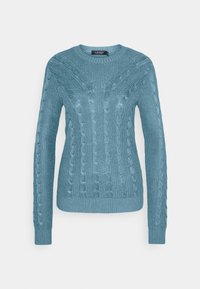 Pull à manches longues en maille torsadée bleue avec col rond et poignets et ourlet côtelés, étiqueté Lauren par Ralph Lauren.
