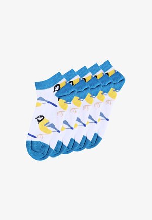 Calcetines de algodón con un puño y punta en color turquesa, y un cuerpo blanco que muestra patrones de pájaros amarillos y azules. Paquete de cinco pares.