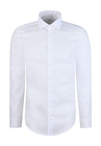 Wit overhemd met lange mouwen gemaakt van gladde stof, voorzien van een knoppenrij aan de voorkant, klassieke kraag en afgeronde zoom. Subtiel gestructureerd patroon.