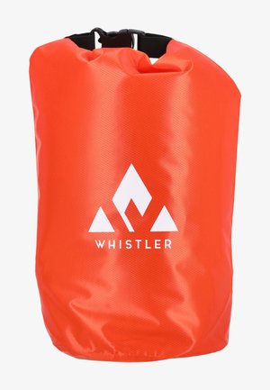 Sac étanche orange en matériau texturé, équipé d'une sangle noire et d'un logo blanc avec des motifs de montagne. Idéal pour les activités de plein air.