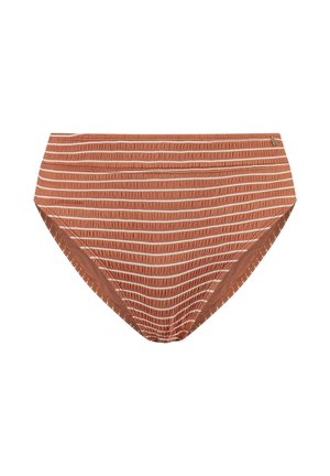 Hnědé spodní díly bikin s bílými vodorovnými pruhy a nařaseným pasem, zobrazené na jednobarevném bílém pozadí.