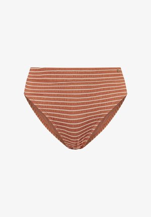 Braune Bikinihose mit weißen horizontalen Streifen und einem gerafften Bund, dargestellt vor einem schlichten weißen Hintergrund.