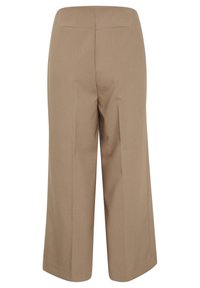 Brune, brede bukser med en glat texture, der har en tilpasset talje og bagsømsdetaljer. Ingen synlige lommer eller udsmykninger.