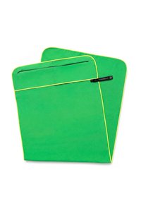 Green fabric pouches with yellow trim and zipper. Rectangular shape, soft texture, suitable for storage or carrying items.