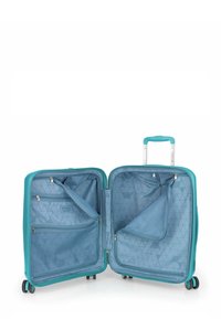 Hartschalentrolley in Hellblau, mit zwei Fächern mit Reißverschlüssen, einem dreieckigen Innenmuster und einem ausziehbaren Griff.
