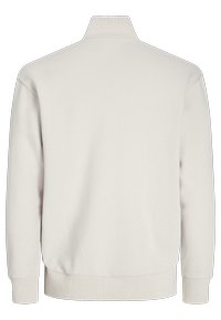 Jersey de manga larga de color beige claro, liso, con puños, dobladillo y cuello alto de canalé, mostrado desde atrás.