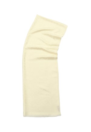 Cream-colored scarf made of soft fabric, featuring a subtle geometric pattern and fringed edges for added texture.