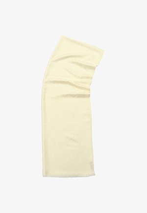 Écharpe de couleur crème en tissu doux, avec un motif géométrique subtil et des bords frangés pour ajouter de la texture.