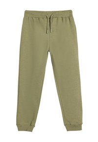 Sudadera verde oliva con un acabado texturizado, cinturilla elástica, cordón ajustable y puños ceñidos en los tobillos.