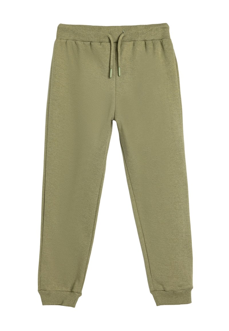 Sudadera verde oliva con un acabado texturizado, cinturilla elástica, cordón ajustable y puños ceñidos en los tobillos.