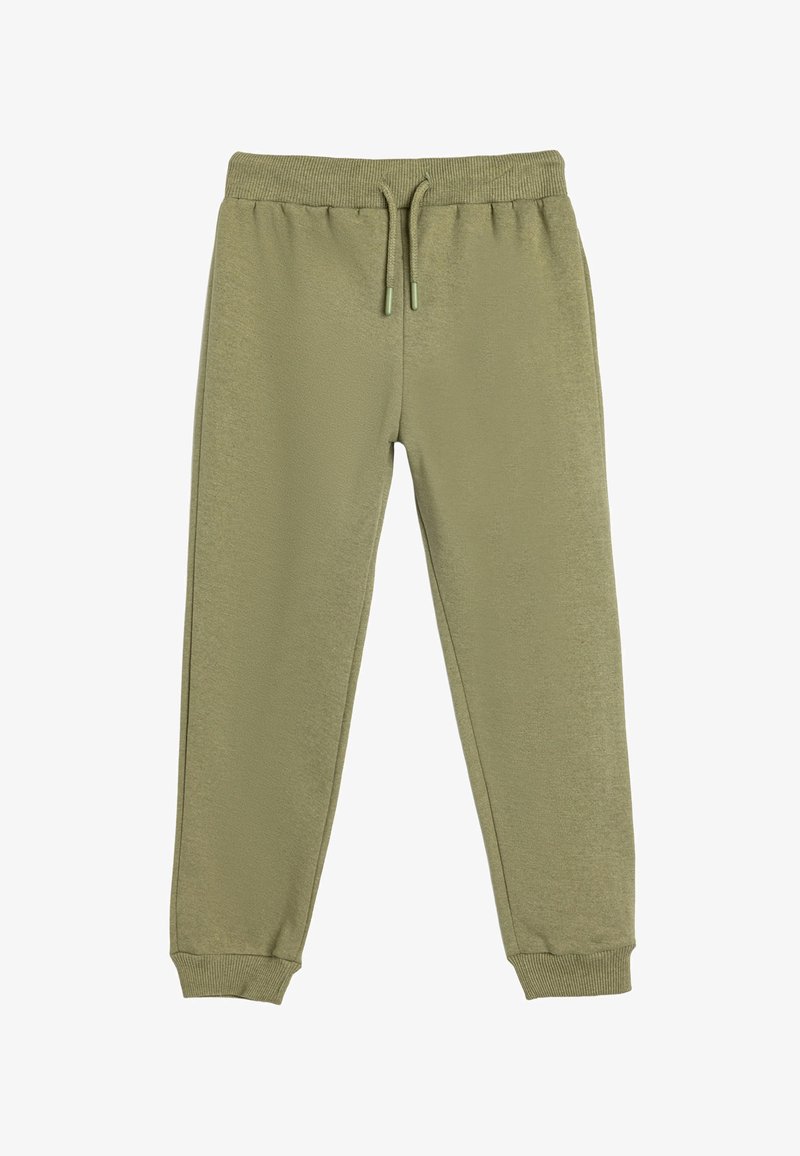 Olivgrüne Sweatpants mit strukturiertem Finish, elastischem Bund, verstellbarem Kordelzug und engen Bündchen an den Fußgelenken.