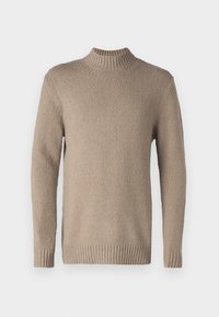 Beiger Pullover mit langen Ärmeln und strukturiertem Stoff, mit geripptem Stehkragen, Bündchen und Saum, auf einem weißen Hintergrund präsentiert.