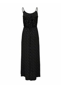 Robe maxi noire avec fines bretelles, encolure ronde et taille à cordon. Présente un motif à pois blancs sur un tissu léger.