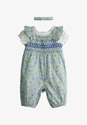 Zils un dzeltens ziedu raksta bērnu kombinezons ar volānu lencēm, smuku striķētu korseti, baltu iekšējo īsroku kreklu un atbilstošu galvas lentu.