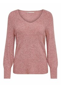 Pull-over en maille côtelée de couleur rose pâle, avec décolleté en V et manches longues. Il présente des manches ballons et une coupe décontractée, avec une texture subtile sur l'ensemble.