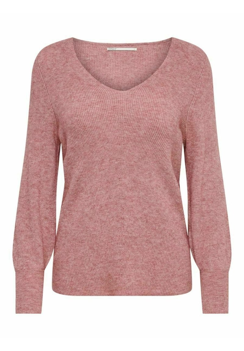Pull-over en maille côtelée de couleur rose pâle, avec décolleté en V et manches longues. Il présente des manches ballons et une coupe décontractée, avec une texture subtile sur l'ensemble.