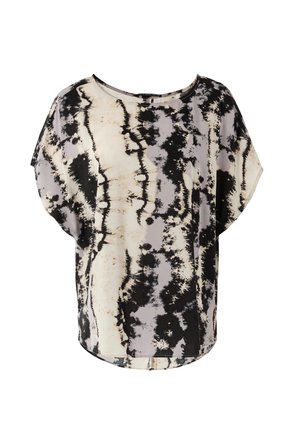 Kurzarmpullover aus leichtem Material mit einem schwarz-weißen und grauen Batikmuster, locker geschnitten und mit rundem Ausschnitt.