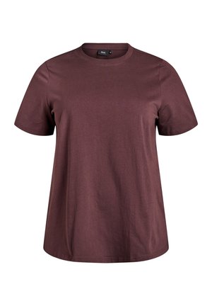 Bordeauxrode katoenen T-shirt met korte mouwen, ronde hals en een ontspannen pasvorm. Voorzien van een gladde textuur en minimale naden voor comfort.