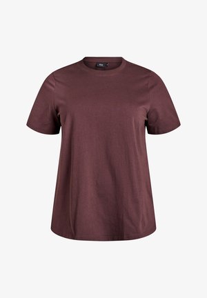 Bordeauxrotes Baumwoll-T-Shirt mit kurzen Ärmeln, rundem Ausschnitt und lockerer Passform. Es zeichnet sich durch eine glatte Textur und minimale Nähte für mehr Komfort aus.