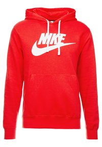 Röd hoodie i bomullsmix, med en stor vit Nike-logotyp på framsidan, dragsko i huvan och en framficka i känguru-stil.