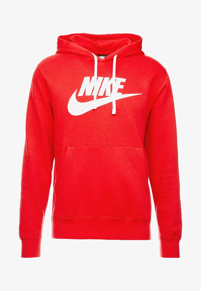 Röd hoodie i bomullsmix, med en stor vit Nike-logotyp på framsidan, dragsko i huvan och en framficka i känguru-stil.