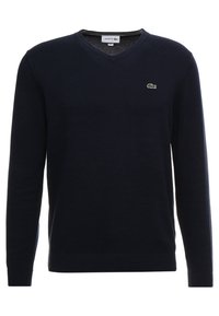 Dunkelblaues V-Ausschnitt-Sweatshirt aus Strickstoff, mit langen Ärmeln und kleinem grünem Lacoste-Logo auf der linken Brustseite.