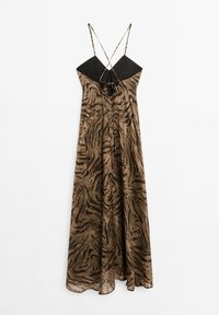 Robe maxi rayée tigre brun et noir avec des bretelles spaghetti, une section supérieure noire unie et un détail de nœud dans le dos. Tissu léger.
