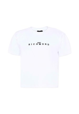 T-shirt bianca a maniche corte con scollo rotondo, caratterizzata dal testo nero "JOHN RICHMOND" al centro del petto.