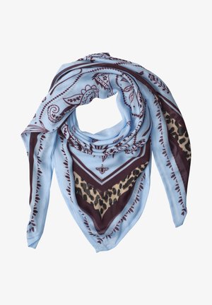 Lyseblåt tørklæde med mørkelilla paisley- og blomsterprint og et centralt leopardmønster, foldet i en løs trekantet form.