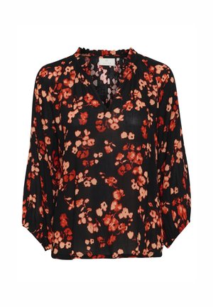 Must have musta, punane ja roosa lilleline must blouse, v-kaelusega ja volangidega kaeluses. Pikad varrukad elastsete mansettidega.