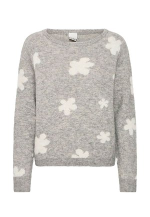 Pull gris clair en laine douce, avec des motifs en forme de fleurs blanches, un col rond et des manches longues avec des poignets côtelés.