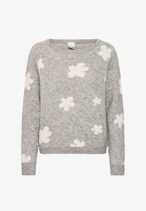 Maglione grigio chiaro realizzato in morbida lana, con motivi a forma di fiore bianchi, colletto rotondo e maniche lunghe con polsini a costine.